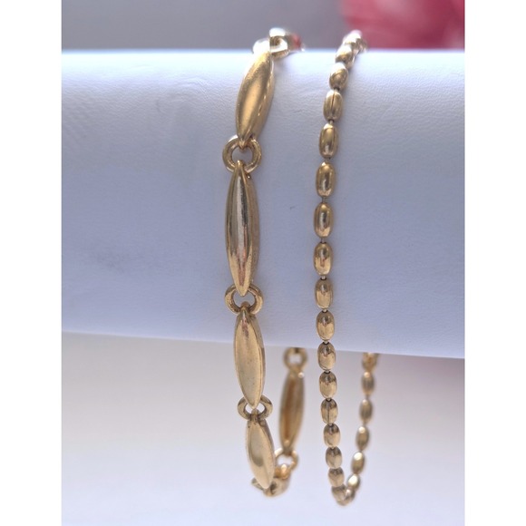 Avon Jewelry - VTG Avon 90s Gold Tone Bracelet Set Rice Bead and Marquise Link 7.25" Daily Wear